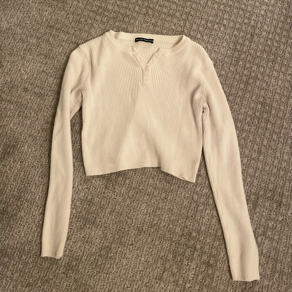 Brandy Melville White Ribbed Long Sleeve Sweater Top